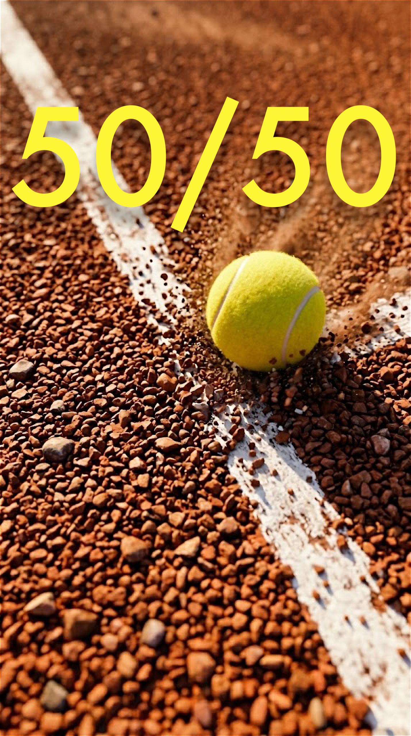 Ein Tennisball auf dem Untergrund eines rotbraunen Spielfelds mit weißer Markierung und dem Titel 50/50