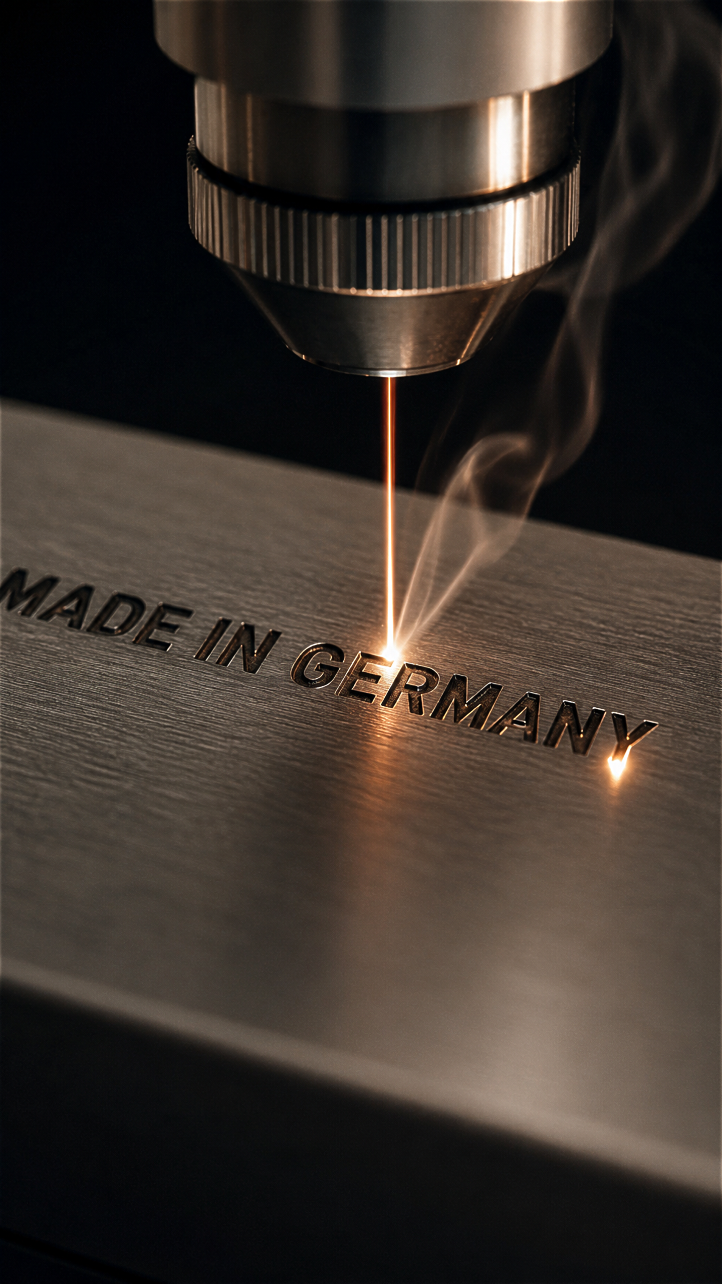 Ein Laserstrahl, der in einen silbernen Untergrund den Schriftzug Made in Germany lasert