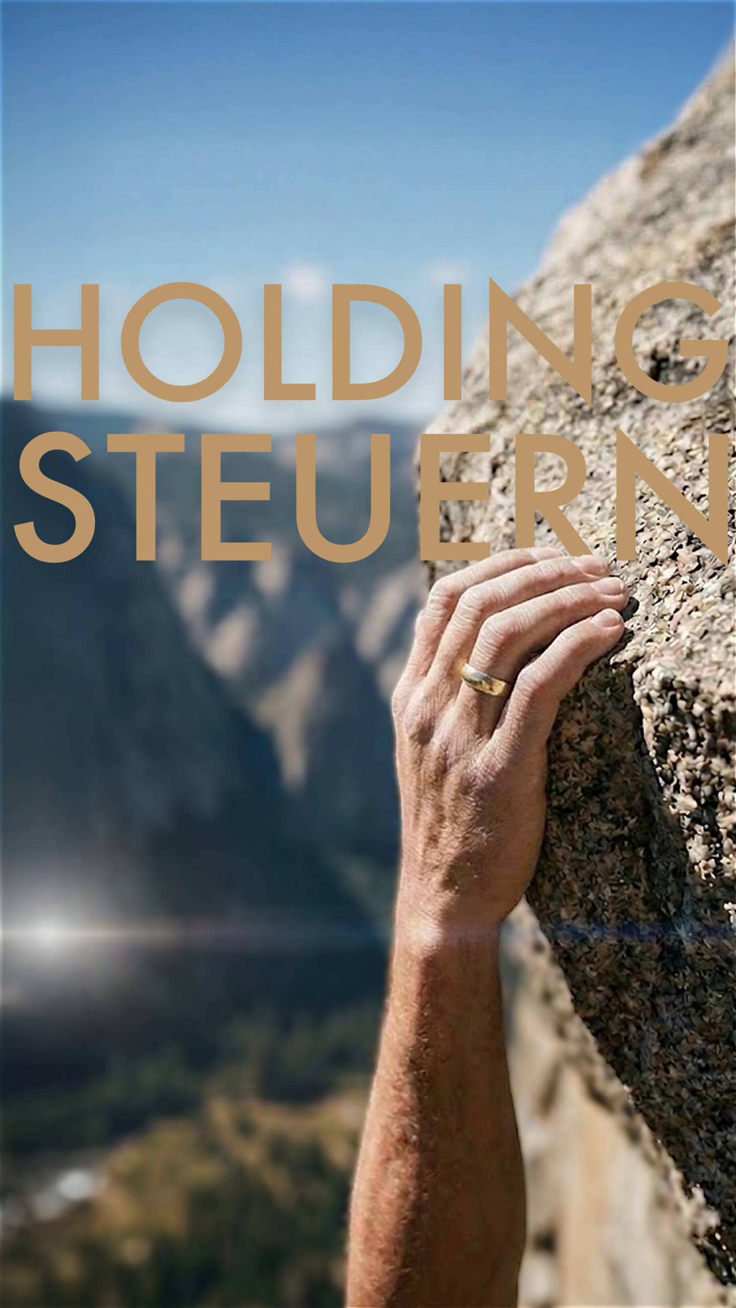 Eine Hand mit Ring, die sich an einem Felsüberhang festhält und dem Titel Holding Steuern