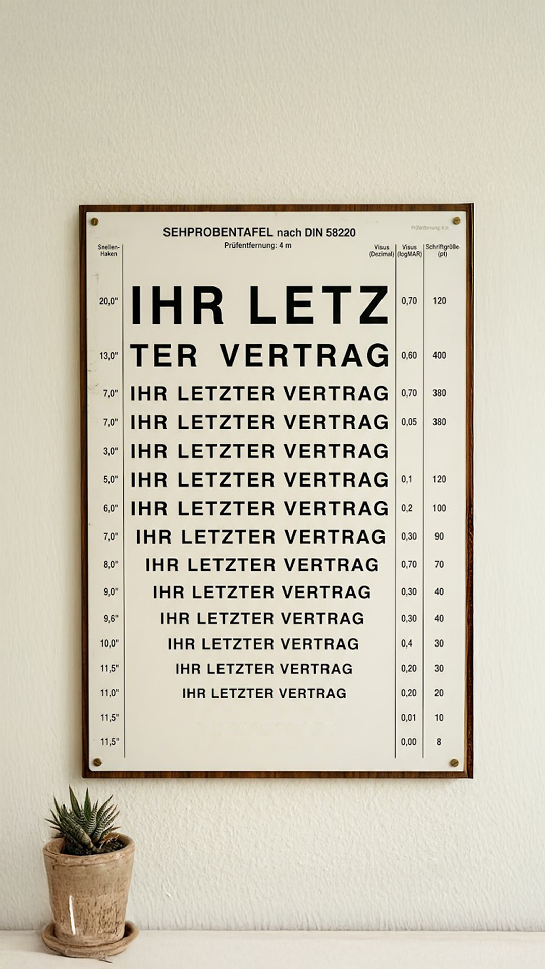 LETZTER VERTRAG Ein Bild an der weißen Wand mit den Worten Ihr letzter Vertrag, die sich wiederholen
