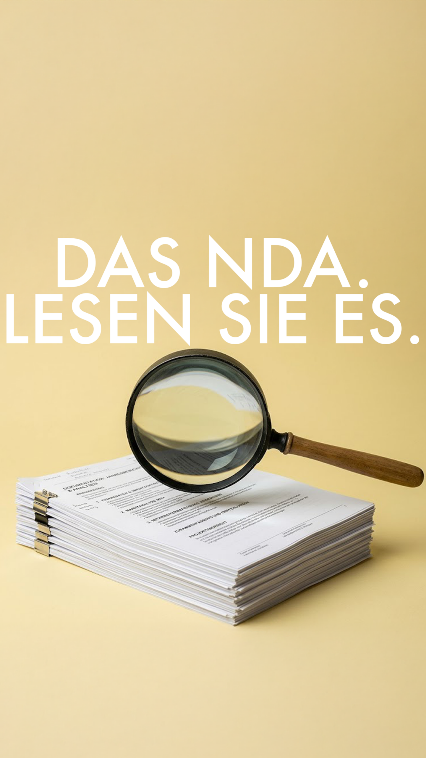 REEL D1 F001 NDA goldener Hintergrund, ein Stapel Blätter mit Lupe und dem Titel Das NDA lesen Sie es