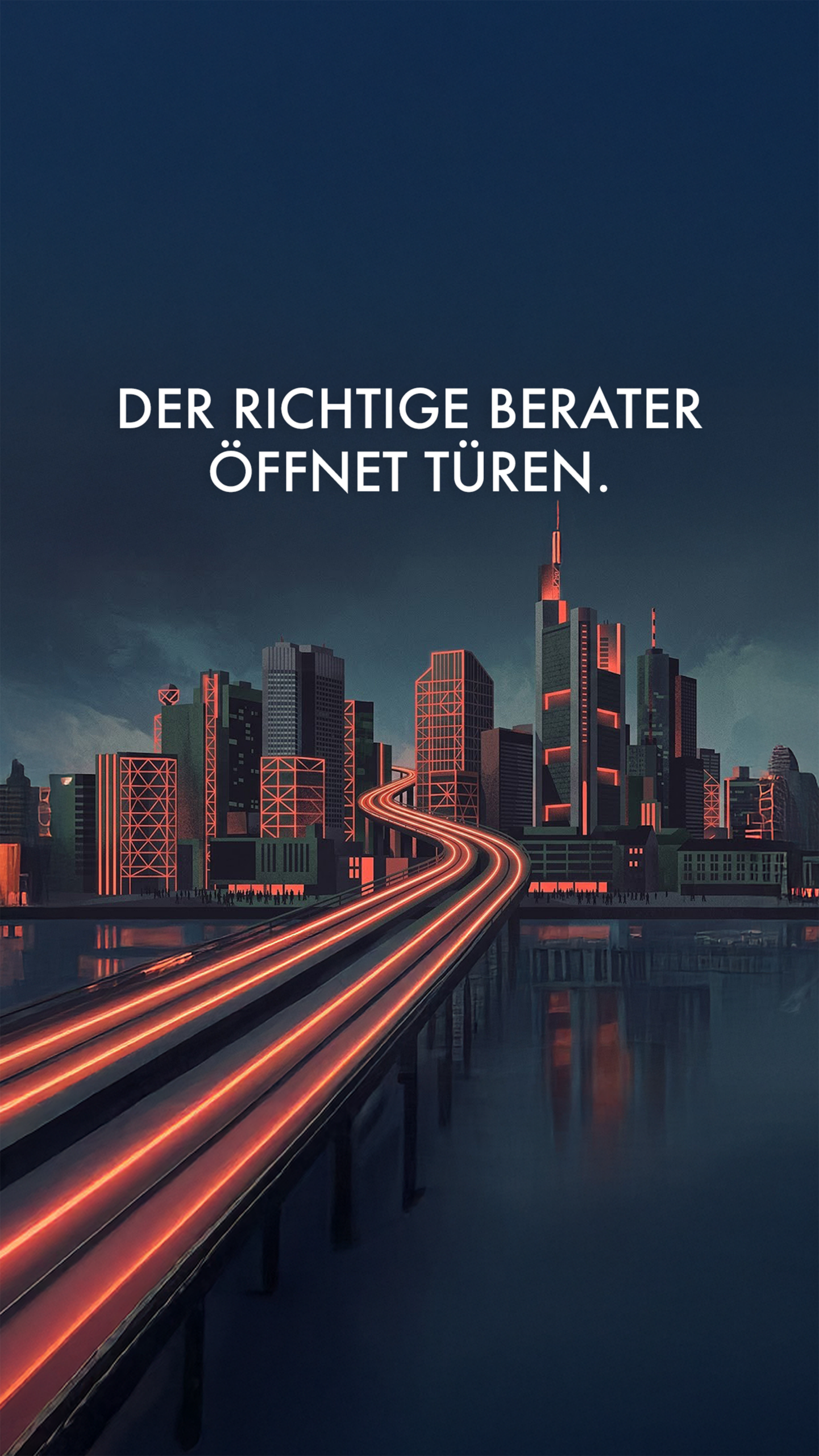 Eine illustrierte Stadt mit Hochhäusern, Brücke und einem Fluss, mit dem Titel Der richtige Berater öffnet Türen