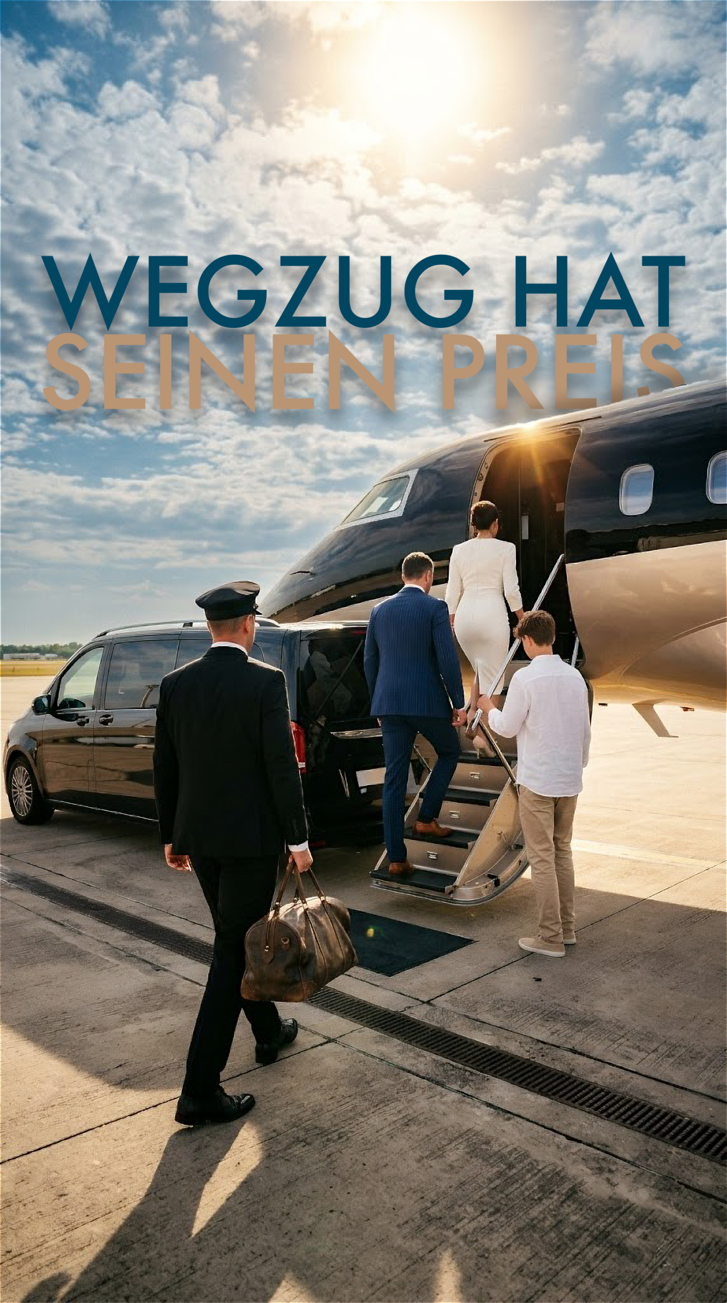 Ein Flugzeug, in das Menschen reinsteigen, ein Chauffeur der eine Tasche hinterherträgt, mit dem Titel Wegzug hat seinen Preis