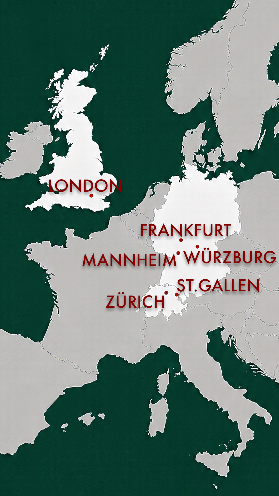 WERDEGANG Eine Landkarte mit den Städten London, Frankfurt, Mannheim, Würzburg, St Gallen und Zürich