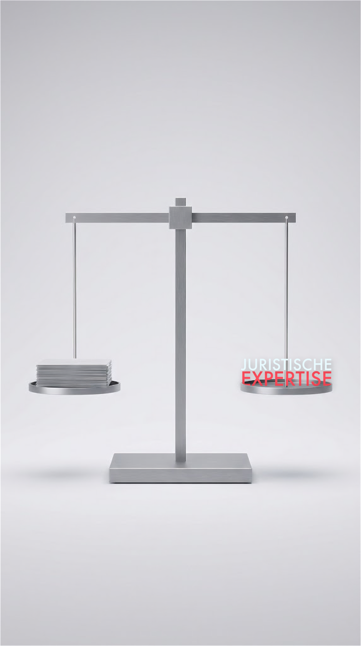 juristische expertise Eine Waage mit Dokumenten auf der einen Waagschale, auf der anderen der Titel Juristische Expertise