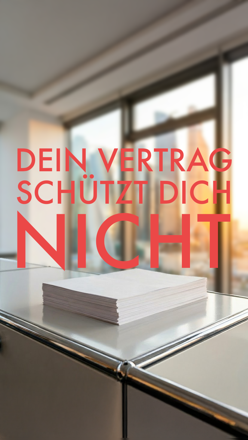 Eine Thekenoberfläche, auf der ein Stapel Blätter liegt, mit der Überschrift Dein Vertrag schützt dich nicht