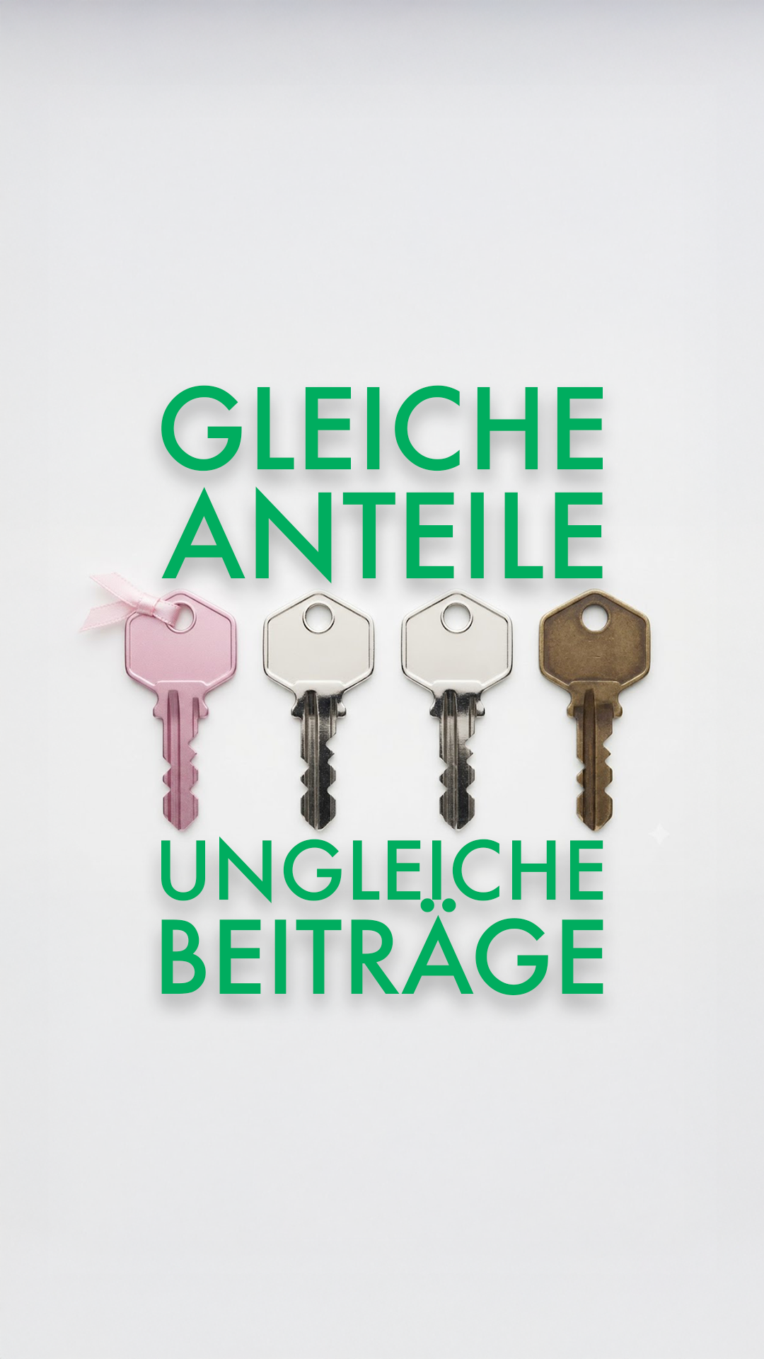 Vier Schlüssel nebeneinander liegend auf hellem Untergrund mit dem Titel Gleiche Anteile Ungleiche Beiträge